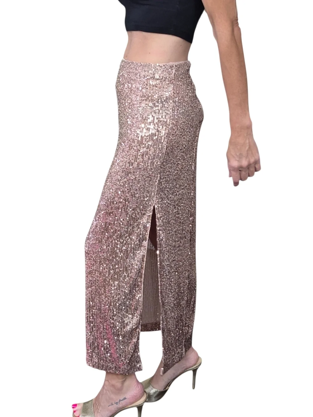 Free People Ariana Sequin Midi Skirt Pink Champagne Rose Gold Size 2